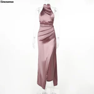 Women Elegant Long Evening Cocktail Party Dress Sexy Halter Backless Ruched High Split Bodycon Wedding Guest Bridesmaid Dress - Image 3