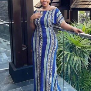 Blue Striped Printed Dresses for Women Cold Shoulder Empire Package Hip Fishtail Summer Elegant Casual Holiday Vacation Vestidos - Image 2