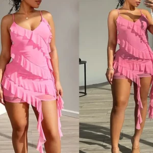 Joskaa Sexy Mesh Ruffles Ribbon Vacation Dresses Women Hipster Spaghetti Strap V-Neck Backless Slim Birthday Dress 2024 Clubwear - Image 3