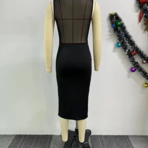 CM.YAYA Women Splicing Split O-neck Bodycon Midi Dress 2024 Mesh See Through Office Lady Workout Evening Party Dresses Vestidos - Image 6
