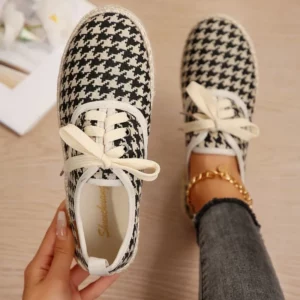 Breathable Linen Casual Flat Shoes Woman Espadrilles Loafers Ladies Comfy Houndstooth Print Canvas Zapatos Soft Driving Footwear - Image 2