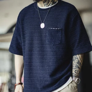Maden Retro Knitted Jacquard Wave Pattern Textured T-shirt Loose Solid Color Short-sleeved Tee for Men's Summer Tops - Image 3