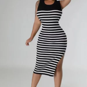CM.YAYA Women O-neck High Side Split Midi Dress Summer Striped Print Sexy Night Club Party Evening Pencil Chic Dresses Vestidos - Image 1