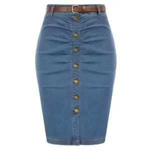 BP Women Vintage Jean Skirt With Belt High Waist Ruched Front Bodycon Skirt - Image 5