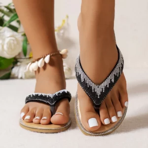 Summer Fashion Rhinestone Beaded Flip Flop Women Shoes Toe Non-Slip Women PU Vamp Slippers Slippers Women Shoes - Image 4