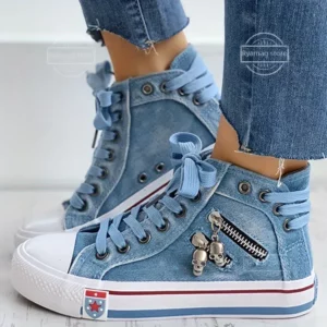 Sneakes Womens Canvas Shoes Denim High Top Sneakers Fashion Skull Zipper - Image 4
