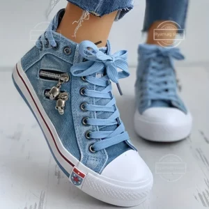 Sneakes Womens Canvas Shoes Denim High Top Sneakers Fashion Skull Zipper - Image 1