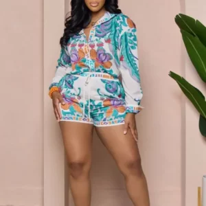 Casual 2 Pieces Set Fashion Women Outfit 2024 Autumn New Female Tops Flower Print Long Sleeve Shirt & Elastic Waist Shorts Suit - Image 5