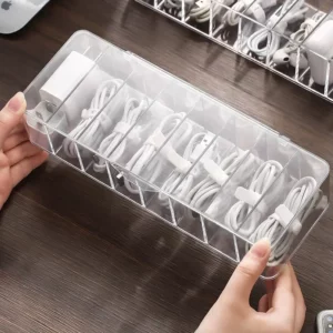 The transparent plastic Data Cable Storage Box household cable MobilePhone Charger Charging Cable Finishing Box Divided Grid Box - Image 3