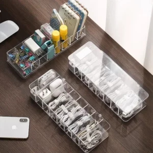 The transparent plastic Data Cable Storage Box household cable MobilePhone Charger Charging Cable Finishing Box Divided Grid Box - Image 4