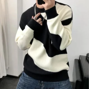 Man Clothes Round Collar Pullovers Knitted Sweaters for Men Crewneck Color Matching Black Cigaret Casual Korean Style Jumpers S - Image 2