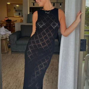 Tossy Hollow Out Sleeveless Sexy Maxi Dress Women High Split Fashion Beach Holiday Mesh Dress Patchwork Knitwear Autumn Dress - Image 4
