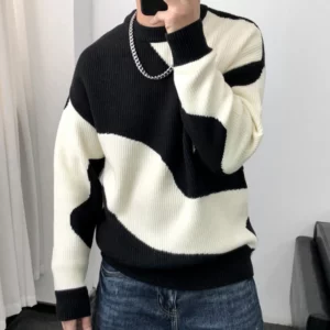 Man Clothes Round Collar Pullovers Knitted Sweaters for Men Crewneck Color Matching Black Cigaret Casual Korean Style Jumpers S - Image 4