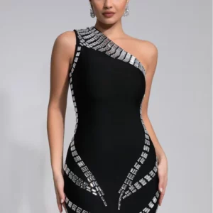 Women Celebrity Sexy One Shoulder Crystal Diamonds Black Mini Bandage Dress 2024 Knitted Elegant Evening Club Party Outfit - Image 1