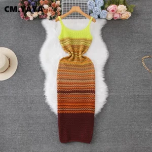 CM.YAYA Women Wave Striped Sleeveless Knit Ribbed Tank Bodycon Midi Long Maxi Dress 2025 Streetwear Fashion Chic Dresses Vestido - Image 3