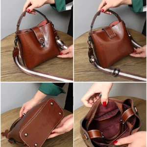 Real Oil Wax Leather Women's Bucket Bag Casual and Simple Handbag Large Capacity Ladies Cowhide Fashionable Crossbody Tote Bag - Image 5