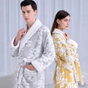 Jacquard Double Layer Thicken Robe Gown Women and Men Sleepwear Winter Warm Nightgown Coral Fleece Lovers' Bathrobes Lingerie - Image 3