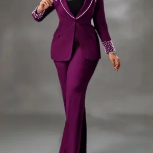 CM.YAYA Fashion Pearl Splicing Women's Set Long Sleeve Blazer and Wide Leg Pants Suit 2024 Winter OL Fall Two 2 Piece Set Outfit - Image 1