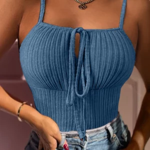 2024 Women Chic Spaghetti Straps Lace Up Sleeveless Knitting Sexy Camis Crop Tops - Image 3