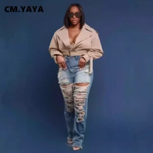 CM.YAYA Denim Pants Women Retro Sexy Hole Hollow Out Jeans Ripped out Pencil Trousers 2024 Street Skinny High Waist Lady Pant - Image 4