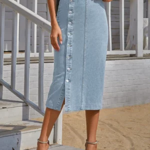 Benuynffy Sexy Streetwear Button Women Skirt Autumn Winter Elegant Denim Skirt Female High Waist Casual Bodycon Long Skirts - Image 6