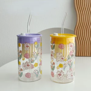 650ml Glasscup Tea Separation High Temperature Glass Cup Large Capacity Lovely Print Straight Straw Cup Tea Cup Cold Drink Mug - Image 2