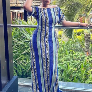 Blue Striped Printed Dresses for Women Cold Shoulder Empire Package Hip Fishtail Summer Elegant Casual Holiday Vacation Vestidos - Image 1