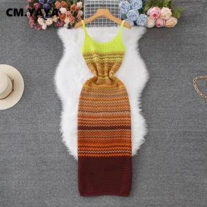 CM.YAYA Women Wave Striped Sleeveless Knit Ribbed Tank Bodycon Midi Long Maxi Dress 2025 Streetwear Fashion Chic Dresses Vestido - Image 2
