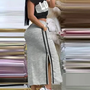 Two Piece Sets Women Outifit 2023 Summer Fashion Print Colorblock O-Neck Short Sleeve Crop Top & Casual Striped Pocket Skirt Set - Image 2