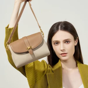 2024 New Messenger Bag High-end Small Bow Gold Buckle Design Small Square Bag Contrasting Color Shoulder Leather Women's Bag - Image 4