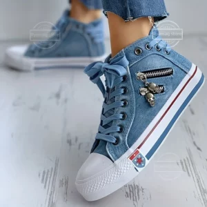 Sneakes Womens Canvas Shoes Denim High Top Sneakers Fashion Skull Zipper - Image 5