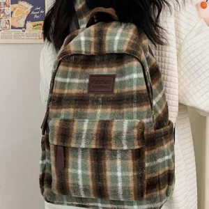 Retro plaid backpack high school junior high school students' schoolbags woolen cloth backpacks - Image 4