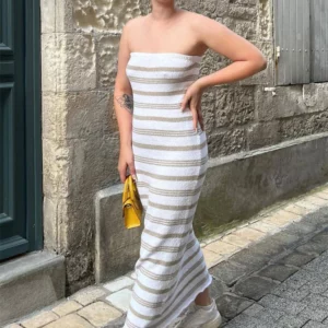 Tossy Backless Contrast For Women Dress Slim Holiday Beach Striped High Waist Off-Shoulder Maxi Dress Skinny Casual Long Dress - Image 5