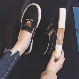 2023 Women Autumn New Canvas Shoes Female Korean Version Cute Bear Embroidery Loafers Flat Bottom Student Casual White Lazy Shoe - Image 5