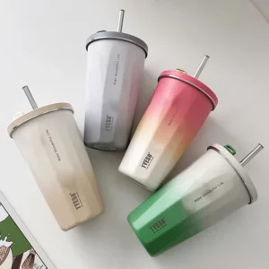 Tyeso 600ML Stainless Steel Coffee Cup With Straw Gradient Color Insulated Water Bottle Car Thermos Mug Cold Drink Vacuum Cup - Image 3