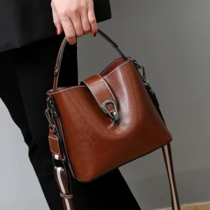Real Oil Wax Leather Women's Bucket Bag Casual and Simple Handbag Large Capacity Ladies Cowhide Fashionable Crossbody Tote Bag - Image 1