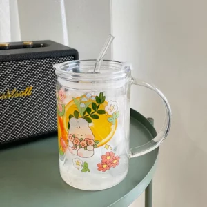 Cute Bunny Glass Cup With Lid Straw Kawaii Coffee Mugs Big Milk Beer Wine Drinking Glasses Korean Water Juice Cup Drinkware Gift - Image 4