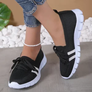 Mesh Knitted Striped Flats Shoes for Women 2024 Summer Lace Up Casual Sneakers Woman Breathable Soft Sole Loafers Plus Size 43 - Image 2