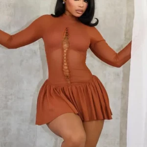 Joskaa Sexy Mesh See Through Mini Dress Women Half High Collar Hollow Bandage Full Sleeve Body-Shaping Vestidos 2025 Clubwear - Image 1