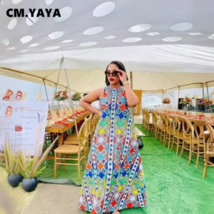 CM.YAYA Women Plaid Print Sleeveless O-neck Loose Long Maxi Dress 2024 Africa Vestidos Party Night Club Sexy Evening Dresses - Image 2
