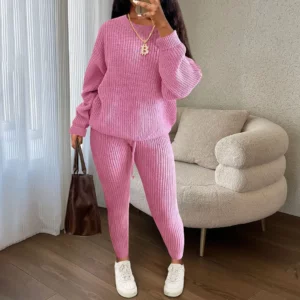 2024 Winter Two Piece Sets Women Clothing Autumn Fashion Casual Solid Round Neck Pullover Loose Pit Knitted Sweater Pants Suits - Image 6