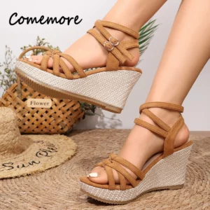 Thick Bottom Wedges Fashion Buckle Fish Mouth Sandals Female High Heel Cross Weave Roman Shoes Platform Versatile Zapatos Mujer - Image 3
