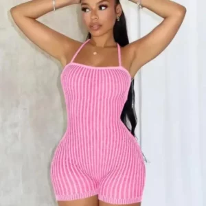 Joskaa Knitted Striped Sporty Playsuits Women Hipster Sexy Low Cut Backless Bandage Stretch Skinny One Piece Rompers Streetwear - Image 3