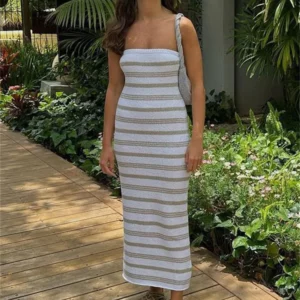 Tossy Backless Contrast For Women Dress Slim Holiday Beach Striped High Waist Off-Shoulder Maxi Dress Skinny Casual Long Dress - Image 3