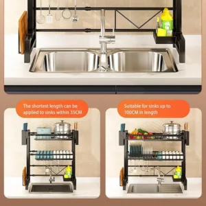 2 Tier Drainer Expandable Kitchen Sink Shelf Countertop Dish Organizer Sink Dish Rack Dish Rack With Chopstick Cylinder - Image 2