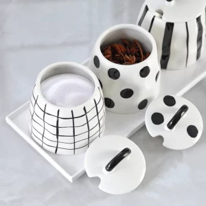 European Ceramic Seasoning Pot Black and White Stripe Salt Sugar Pepper Pot Home Seasoning Box with Lid Soy Sauce Vinegar Bottle - Image 4