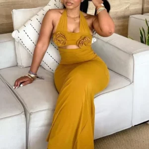 Joskaa Elegant 3D Flower Cutout Maxi Evening Dresses Women Sexy Pleated Halter Bandage Backless Skinny Vestidos Party Clubwear - Image 1