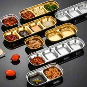 1-4 Grids Seasoning Plate Dipping Dish Stainless Steel Hot Pot Seasoning Dish Square Barbecue Snack Plate Kitchen Condiment Tray - Image 1