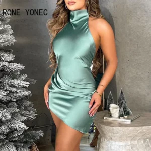 Women Solid Sexy Halter Sleeveless Mini Sexy Satin Backless Party Dresses - Image 2