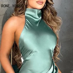 Women Solid Sexy Halter Sleeveless Mini Sexy Satin Backless Party Dresses - Image 3
